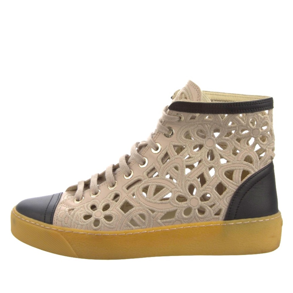 Chanel Beige/Black Floral Laser Cut Leather CC High Top Sneakers